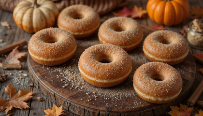 Fototapeta premium Sugar-coated cinnamon donuts arranged on wooden tree slice with small pumpkins, fall leaves, cinnamon sticks and sugar scattered on rustic wooden table
