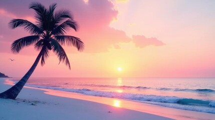 Serene Sunset Vista Palm Tree Silhouette on a Pristine Beach with Gentle Ocean Waves and a Vibrant Sky