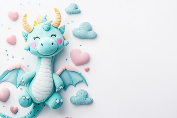Cartoon dragon with blue skin and yellow horns surrounded by pink hearts and clouds