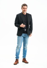 Fototapeta premium Middle age businessman in business casual. Entrepreneur in jeans and jacket. Mid adult, mature age man, happy smiling. Full length portrait isolated on white.
