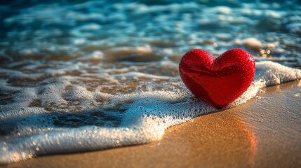 Fototapeta premium A red heart sitting on top of a sandy beach next to the ocean