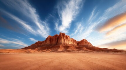 Naklejka premium A magnificent rock formation rises against a bright blue sky, showcasing the intricate textures and colors of the earth, revealing nature's artistry and captivating beauty.