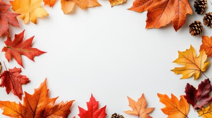 An artistic array of colorful autumn leaves and pine cones surrounding an empty space, creating an inviting atmosphere of seasonal beauty, perfect for fall-themed projects.