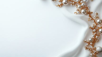 Naklejka premium A stunning arrangement of pearls intertwined with delicate gold branches, resting elegantly on a smooth white fabric background, perfect for luxury themed projects.