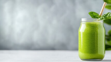 A refreshing green smoothie in a mason jar, garnished with fresh basil leaves, inviting a sense of vitality and health, perfect for a nutritious start to your day.