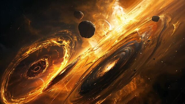 Fiery Cosmic Scene with Multiple Black Holes, Orbiting Asteroids, and Glowing Galactic Swirls in Deep Golden Space