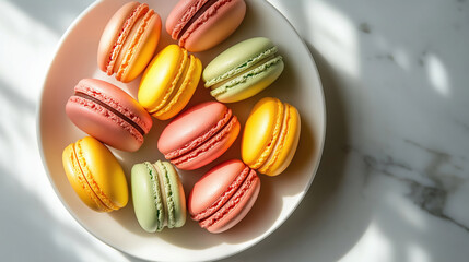 Colorful French Macarons in Bowl on Marble Surface