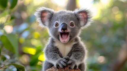 Fototapeta premium A koala bear sitting on top of a tree branch with its mouth open