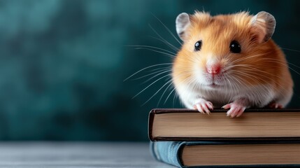 Fototapeta premium A delightful golden hamster perched on a stack of books, showcasing its expressive features in a captivating green background, ideal for educational themes or pet care.