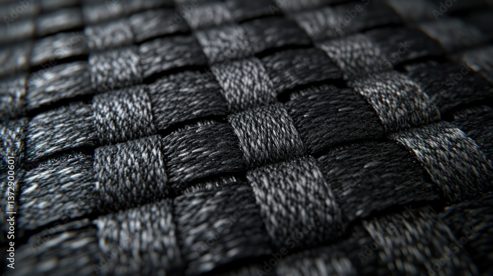 Poster close-up view of a dark grey woven textile. intricate crisscrossing threads form a structured grid p