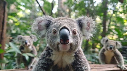 Obraz premium A group of koalas sitting on top of a wooden fence