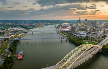Daniel Carter Bridge in Cincinnati city, Ohio, USA with highway traffic driving cars in downtown...