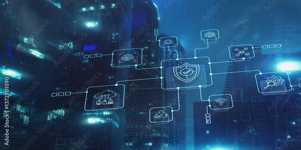 Poster data cyber security system shield protection verification icon