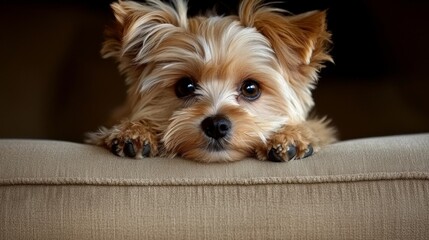 A small dog laying on top of a couch