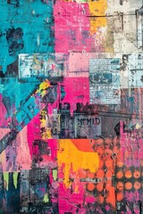 Abstract colorful painting with geometric shapes and textures on a