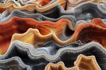 Abstract layers of earth-toned waves create a textured, organic surface in shades of gray, orange, and beige