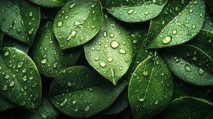 Fototapeta premium A bunch of green leaves with water droplets on them