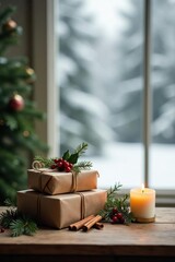 Cozy Winter Presents by the Window with a Lit Candle and Festive Greenery