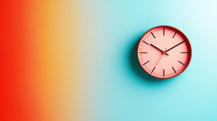 A beautifully crafted stylish clock melds seamlessly with a colorful gradient wall, symbolizing the blend of modern design and traditional timekeeping in perfect harmony.