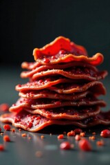 A Stack of Crimson-Colored Delicate Wafers, Dusted with Tiny Red Beads, Arranged in an Appealing and Textured Composition