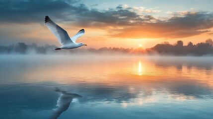 A seagull flying over a body of water at sunset