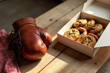 A leather boxing glove rests beside a box of freshly baked cookies, a sweet treat for a champion
