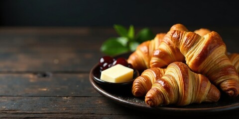 A delectable arrangement of freshly baked croissants, served alongside a pat of butter and a dollop of fruit preserve, rests on a rustic wooden surface.