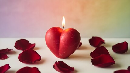 Heart candle and rose petals. Romantic Valentine's Day mood. Love is in the air! Soft light, red, and pastel colors for a warm feeling.