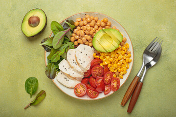 Healthy bowl with grilled chicken breast, chickpeas, avocado, corn and tomatoes, a balanced and nutritious meal promoting well being and a healthy lifestyle