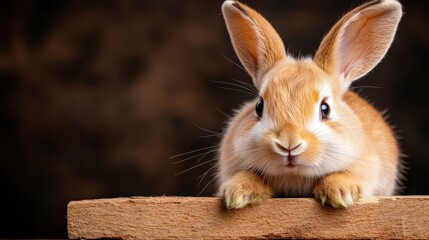 Obraz premium An adorable rabbit perches on a wooden surface, exuding cuteness and serenity with its soft fur and innocent expression, evoking feelings of peace and tranquility.