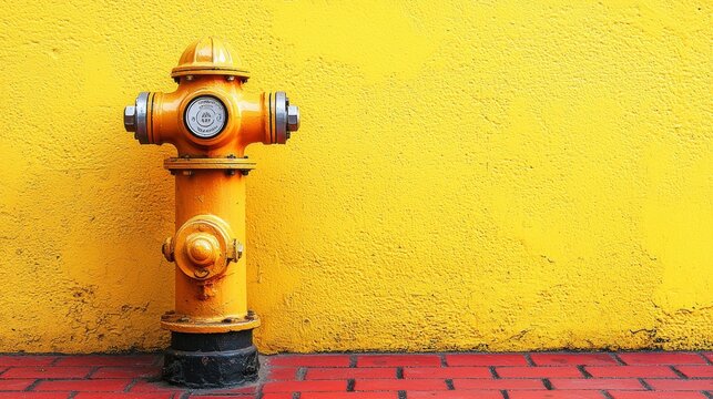 A yellow fire hydrant sitting on a red brick sidewalk