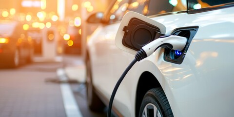 White electric car charging at a roadside station during sunset, emphasizing green energy solutions for modern transportation.