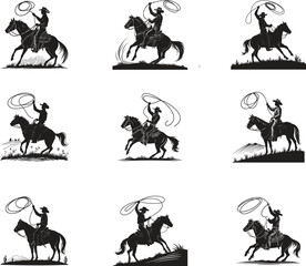  Cowboy Silhouette with Lasso on Horse – Rodeo, Western, Wild West Vector