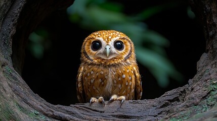 A brown and white owl sitting in a tree