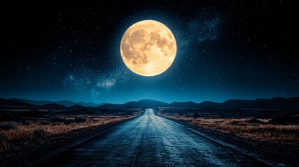 Fototapeta premium A long empty road in the middle of a field under a full moon