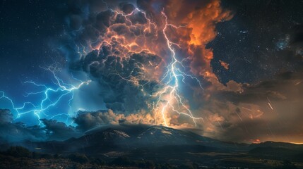 Fototapeta premium photograph of In midst of a tempestuous tempest, behold awe-inspiring spectacle of a thunderbolt's mighty descent, as heavens are momentarily aglow and earthly terrain is bathed in ethereal radiance