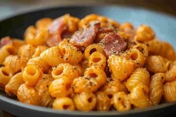 A delicious and appetizing Italian pasta dish featuring creamy sauce, crispy pork, and aged cheese
