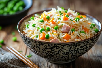 Artfully Arranged Bowl of Mixed Golden Rice with Fresh Vegetables and Diced Ham on Elegant Ceramic Plate