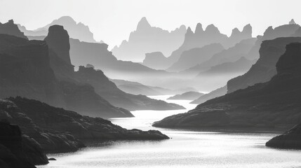 A black and white photo of a body of water surrounded by mountains