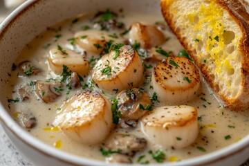 Closeup view of a creamy French seafood dish with tender scallops and mushrooms elegantly arranged on a white plate