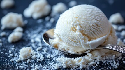 A scoop of vanilla ice cream on a spoon with powdered sugar