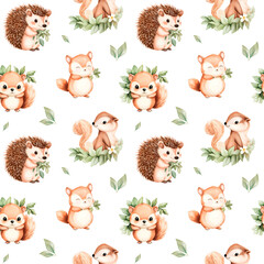 Cute seamless pattern with adorable forest animals: hedgehogs, squirrels and chipmunks surrounded by green leaves on a white background