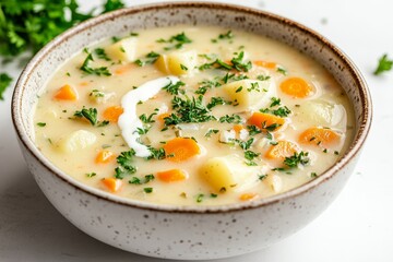 Delicious bowl of traditional creamy German potato soup with smooth pale yellow texture on a rustic table setting
