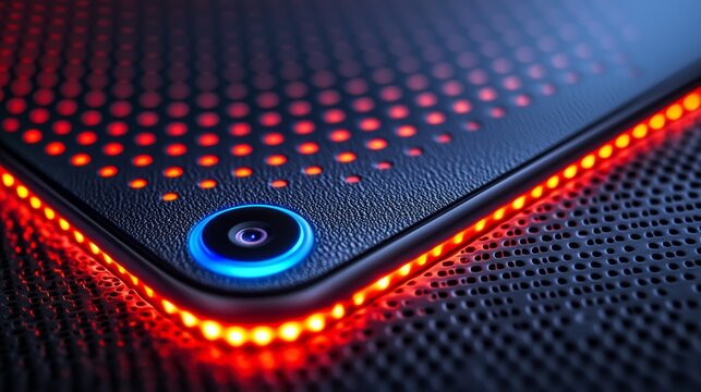 A close up of a red and blue camera on a black surface