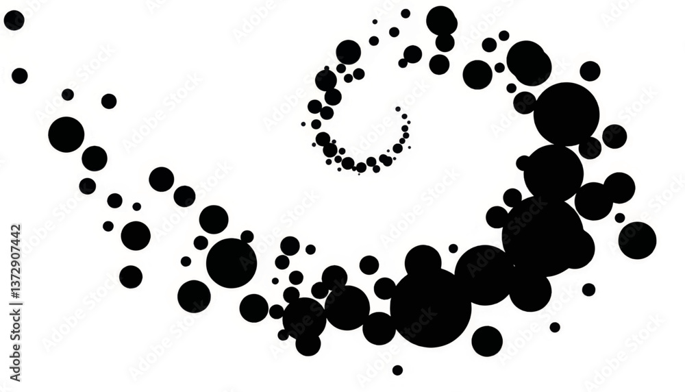 Poster swirling pattern of black circles creates a dynamic visual effect against a white background