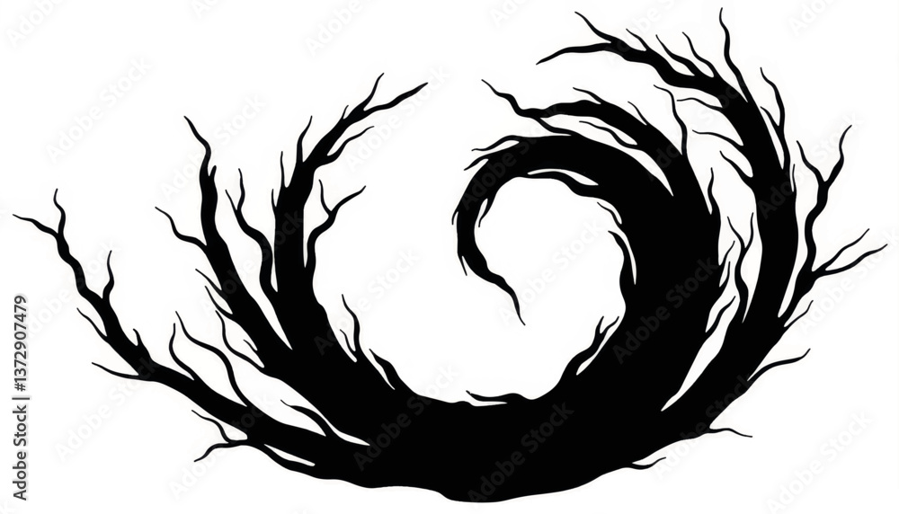 Poster abstract black silhouette of twisting branches creating a dynamic spiral shape in a minimalist desig