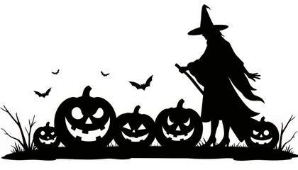 Fototapeta premium Halloween witch silhouette standing by carved pumpkins with bats flying at dusk