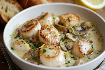Exquisite gourmet dish presentation of tender scallops with earthy mushrooms in creamy white sauce elegantly plated