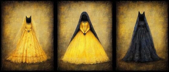 Three hooded figures stand in varying colors. Yellow, then darker yellow and finally black