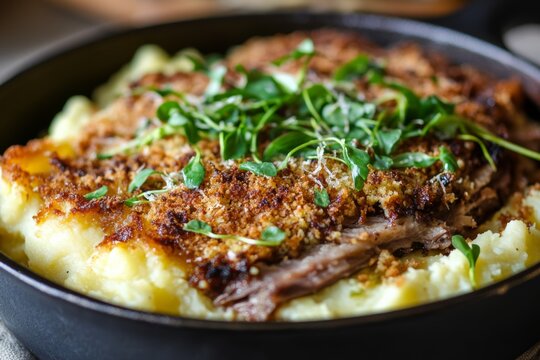 Exquisite rustic duck parmentier dish showcasing crispy golden breadcrumb topping in a vintage skillet